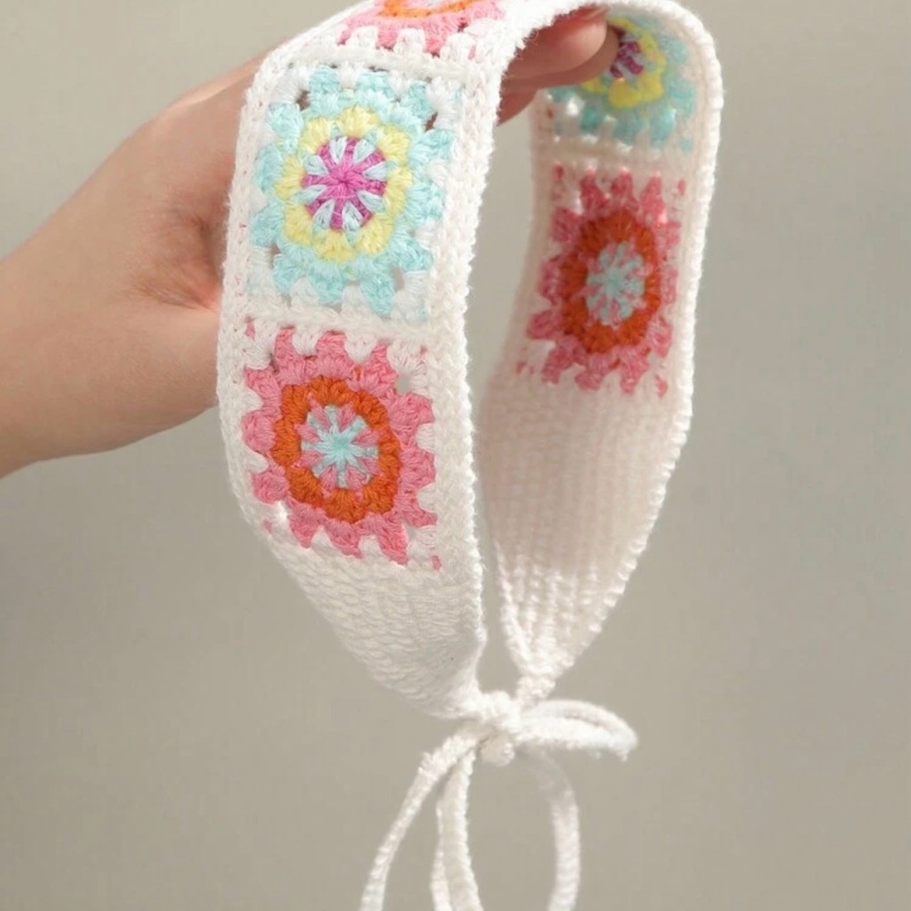 Handmade White Crochet Headband with Pastel Flower Squares